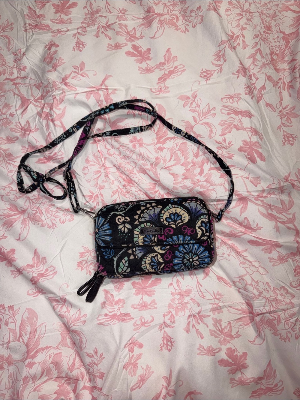 Vera Bradley Black Floral Pattern Crossbody with Blue and Purple Accents